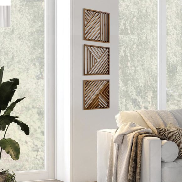 Wooden Geometric Home Wall Decor Slatted Wood Design Wall Sculpture，set Of 3🦋